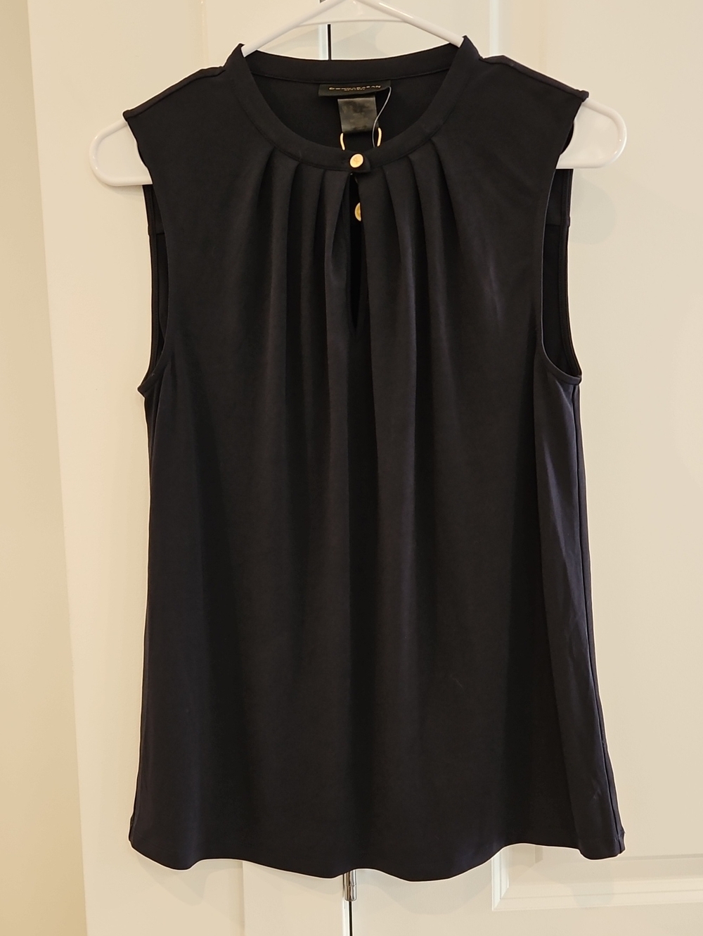 Donna Karan Black Sleeveless Pleated Neck Camisole with Gold Buttons